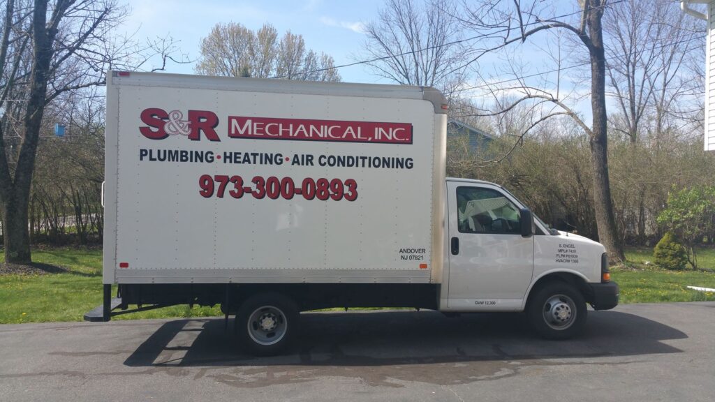 S&R Mechanical plumbing, heating and air conditioning lettering on the side of a white box truck, Hackettstown NJ