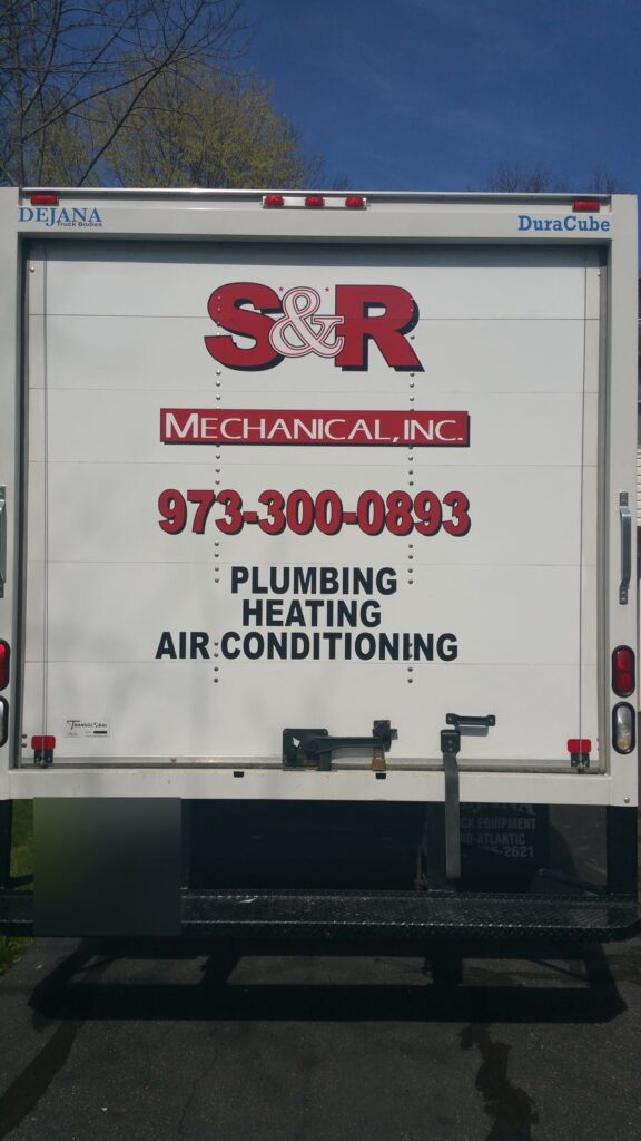 S&R Mechanical phone number and services lettering on a box truck rear door, Hackettstown NJ