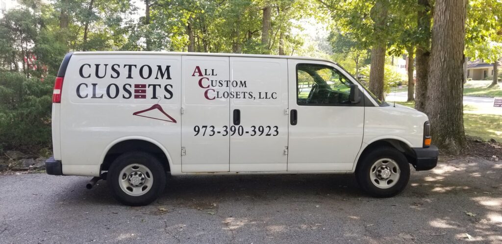 All Custom Closets logo and phone number lettering on a white Chevy Express cargo van, Whippany NJ