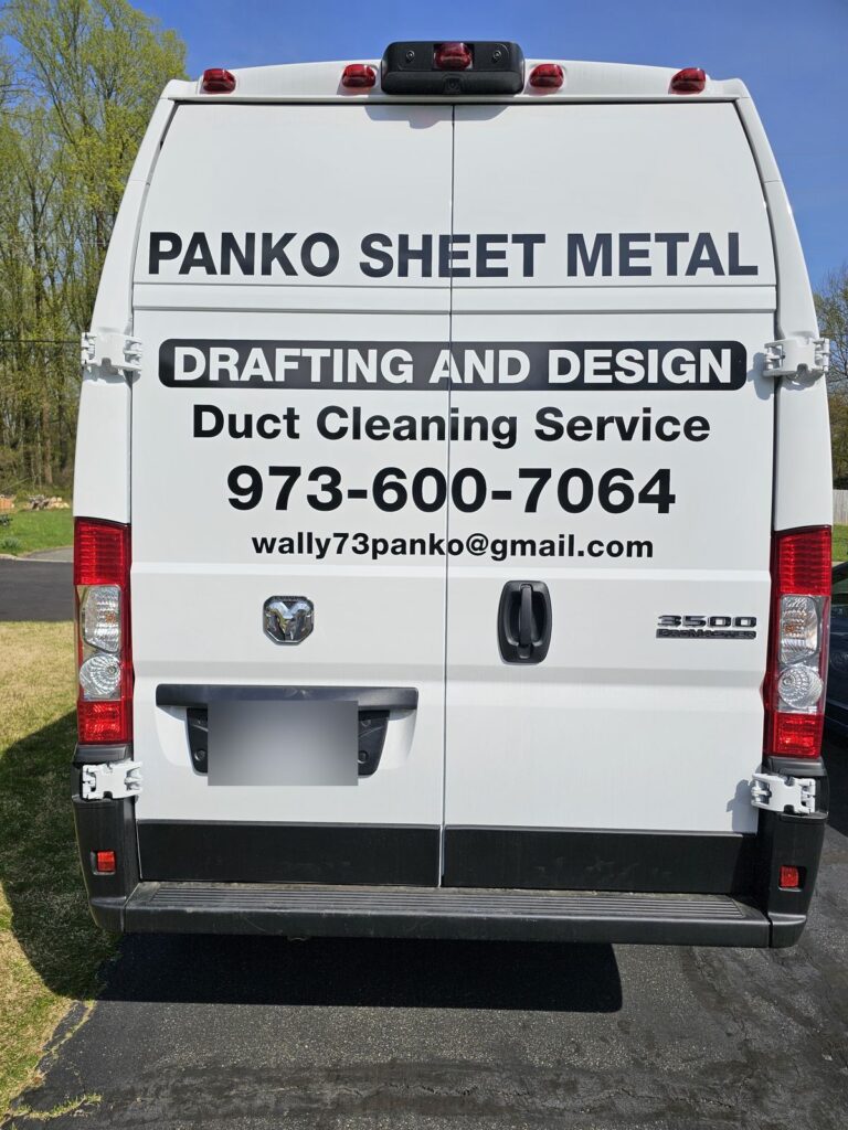 Rear door lettering for Panko Sheet Metal on a white Ram ProMaster cargo van, Hackettstown NJ