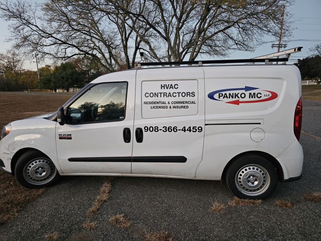 Panko MC HVAC contractors lettering on a white Ram ProMaster City compact van, Hackettstown NJ