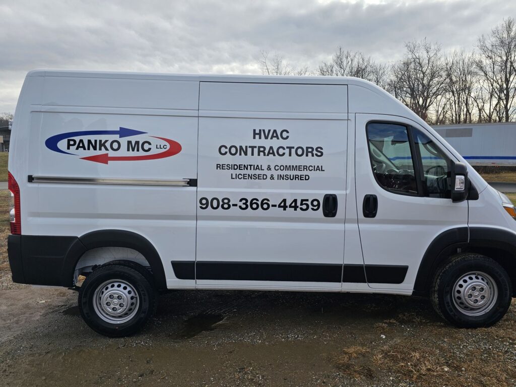Panko MC HVAC contractors fleet lettering on a white Ram ProMaster van, Hackettstown NJ