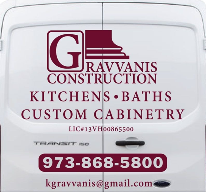 Approved design mock-up of Gravvanis Construction rear van door lettering: kitchens, baths, custom cabinetry